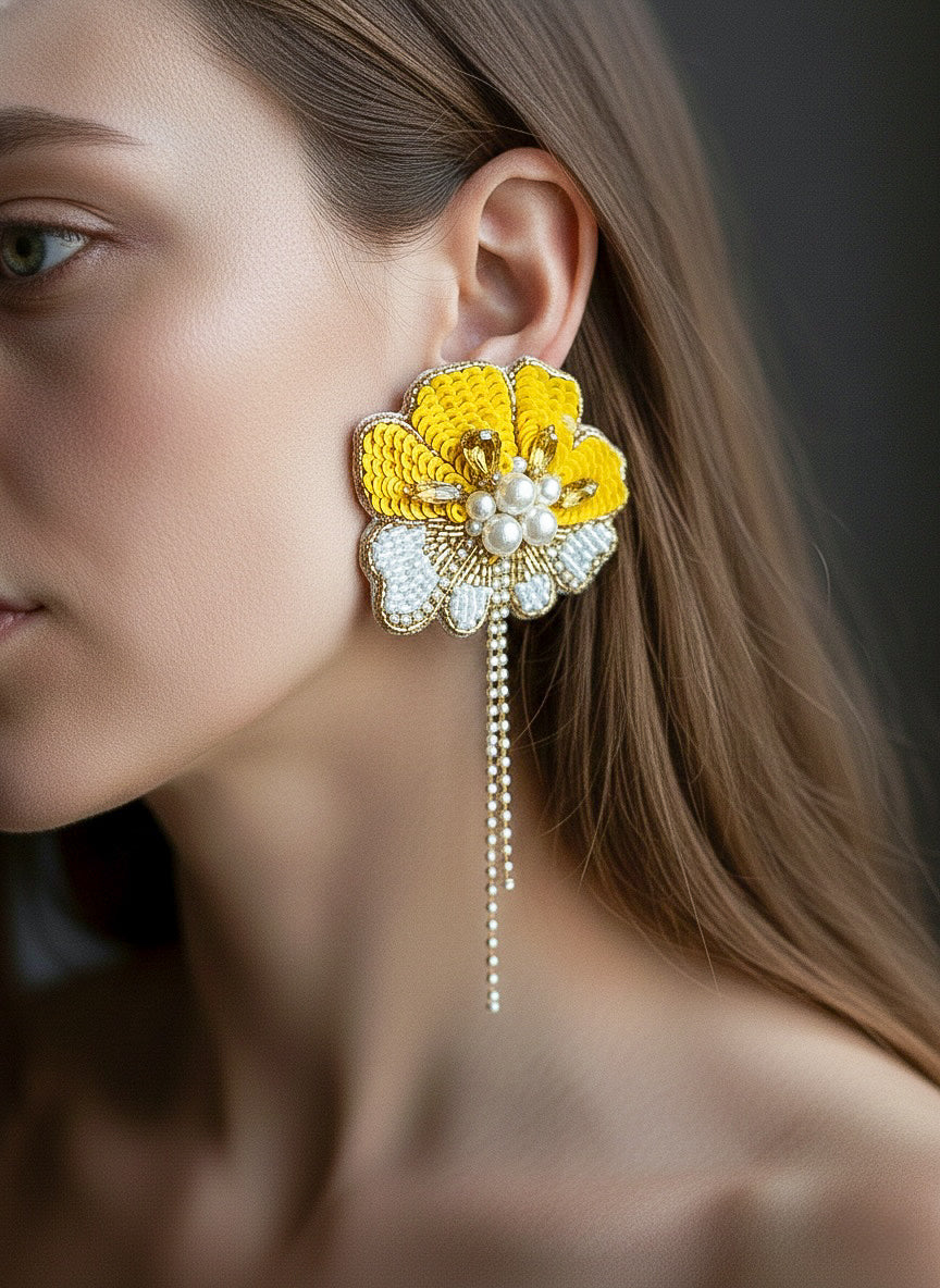 Floral Fiesta Yellow Handmade Beaded Flower Earrings