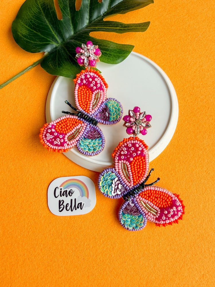 Paradise Sunset Orange Pink Handmade Beaded Butterfly Earrings