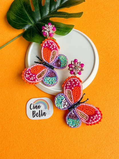 Paradise Sunset Orange Pink Handmade Beaded Butterfly Earrings