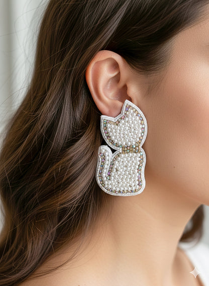 Snow Cat Handmade Beaded Earrings