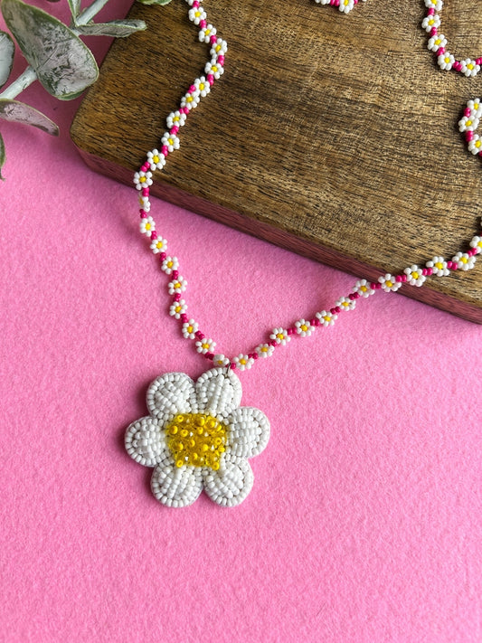 Spring Bloom Pink White Daisy Handmade Beaded Necklace