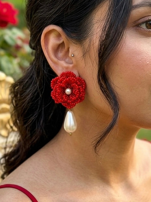 Crochet Red 3D Rose Pearl Drops Flower Handmade Beaded Earrings