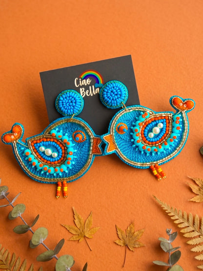 Chirpy Birdie Blue Orange Handmade Beaded Earrings