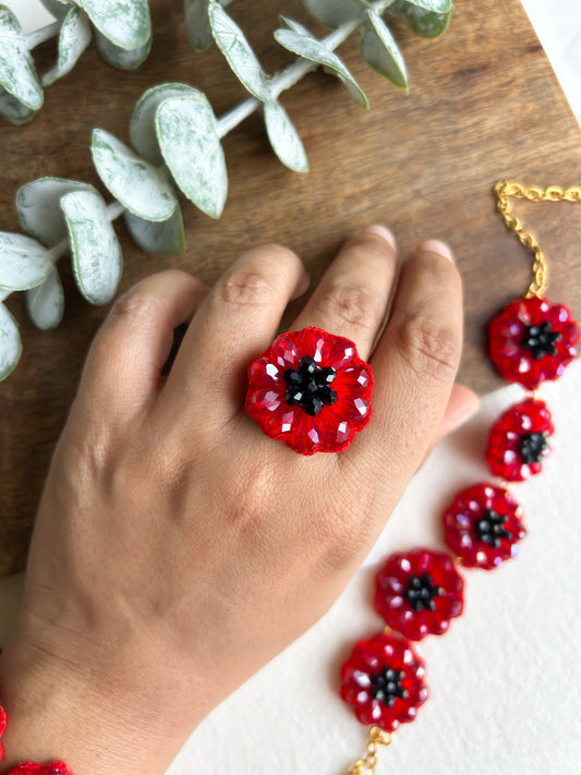 Daisy Dream Red Handmade Beaded Flower Ring