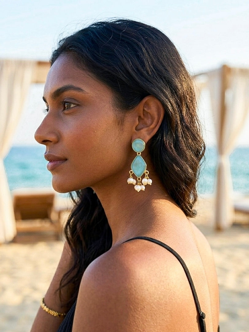 Gem Drop – Aqua Blue Handmade Brass Earrings