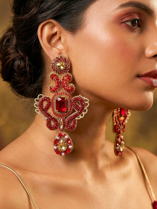 Aashna Red Gold Handmade Beaded Statement Earrings