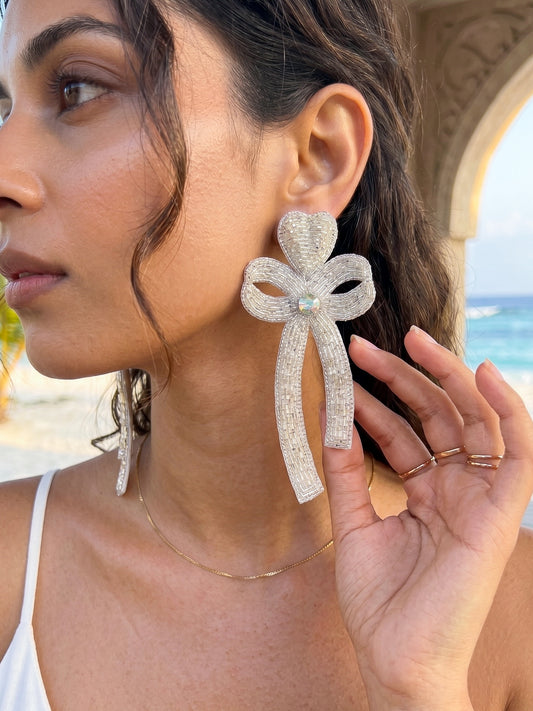 Glam Bow (Silver) Handmade Beaded Earrings