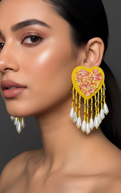 Sunny Yellow Heart Drop Yellow Tassel Handmade Beaded Earrings