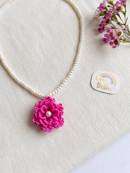 Crochet Pink 3D Rose Flower Handmade Beaded Necklace