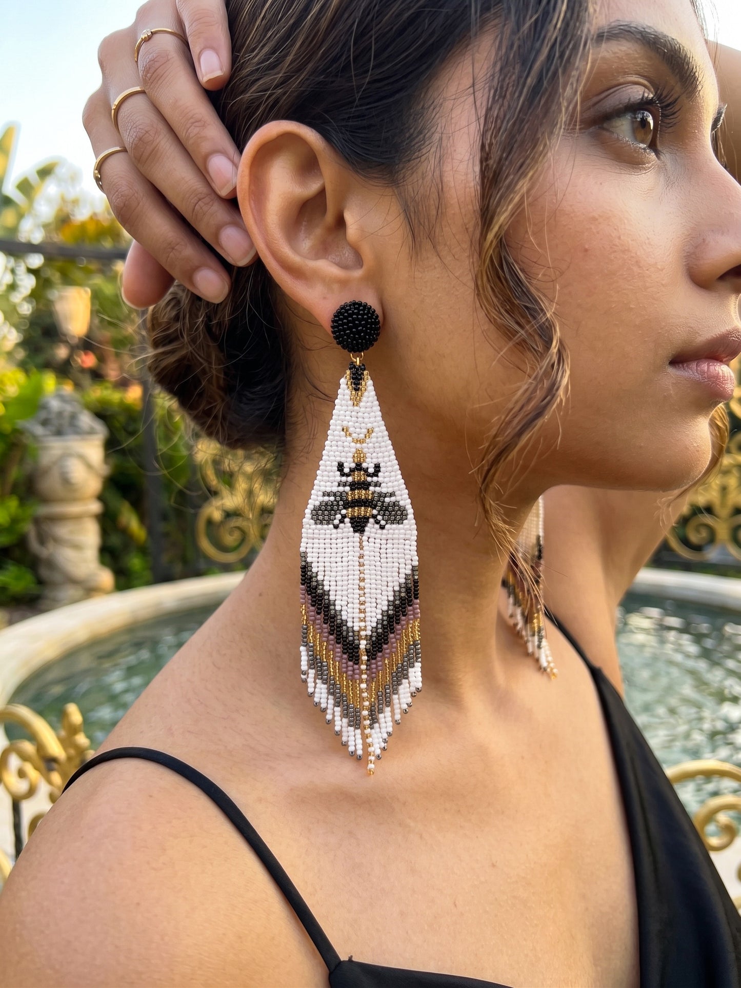 Amber White Bee Handmade Beaded Tassel Earrings