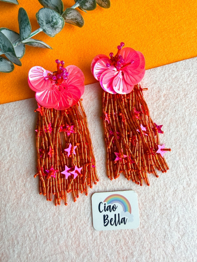 Sunset Pink Orange Star Flower Handmade Beaded Earrings