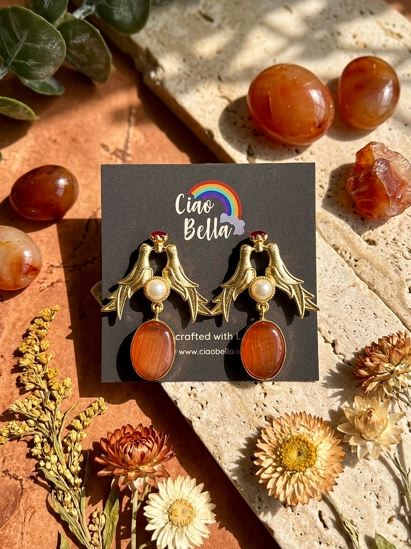 Love Birds Rust Orange Monalisa Stone Handmade Brass Earrings