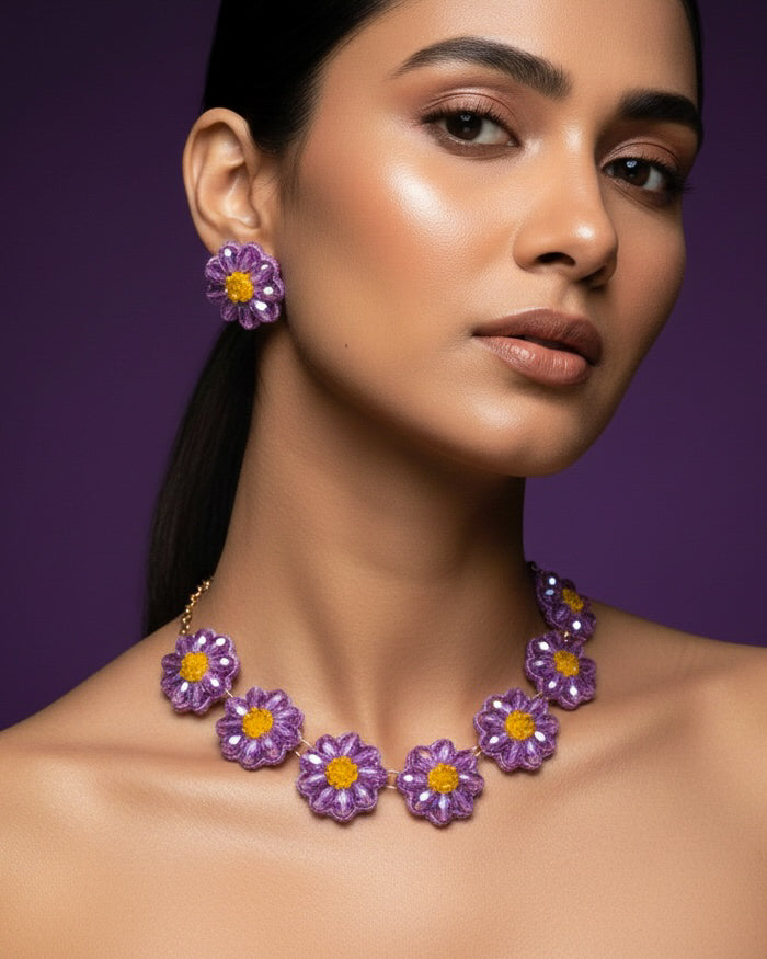 Sparkling Lilac Daisy Handmade Beaded Necklace + Earrings Set