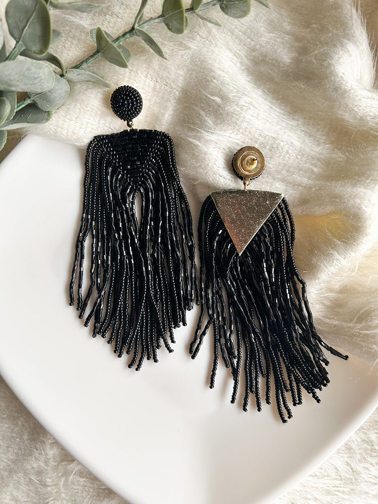 Luxe Midnight Black Handmade Beaded Tassel Earrings