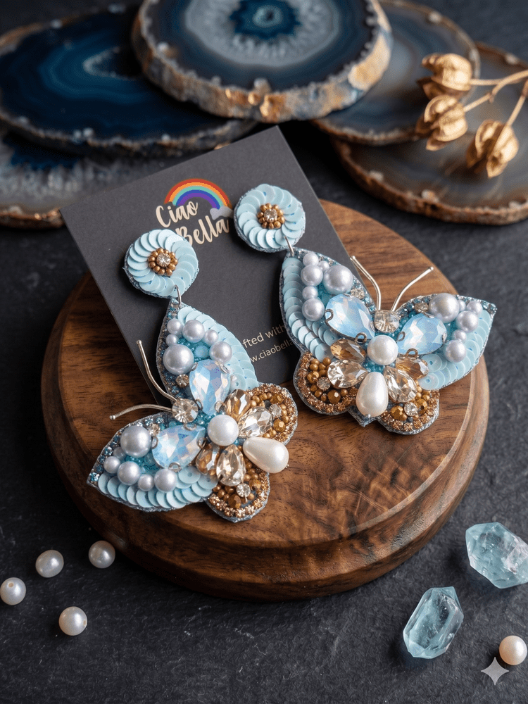 Luxe Crystal Aqua Blue Handmade Beaded Butterfly Earrings
