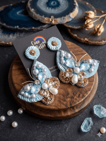 Luxe Crystal Aqua Blue Handmade Beaded Butterfly Earrings