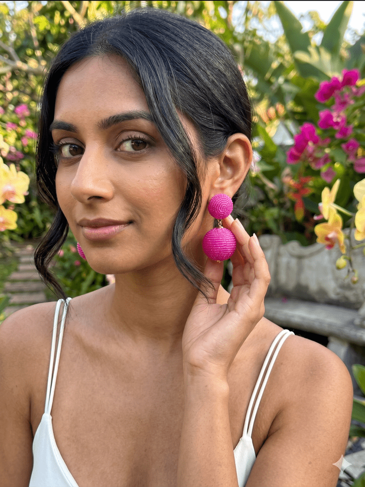 Hot Pink Round Drop Handmade Beaded Earrings