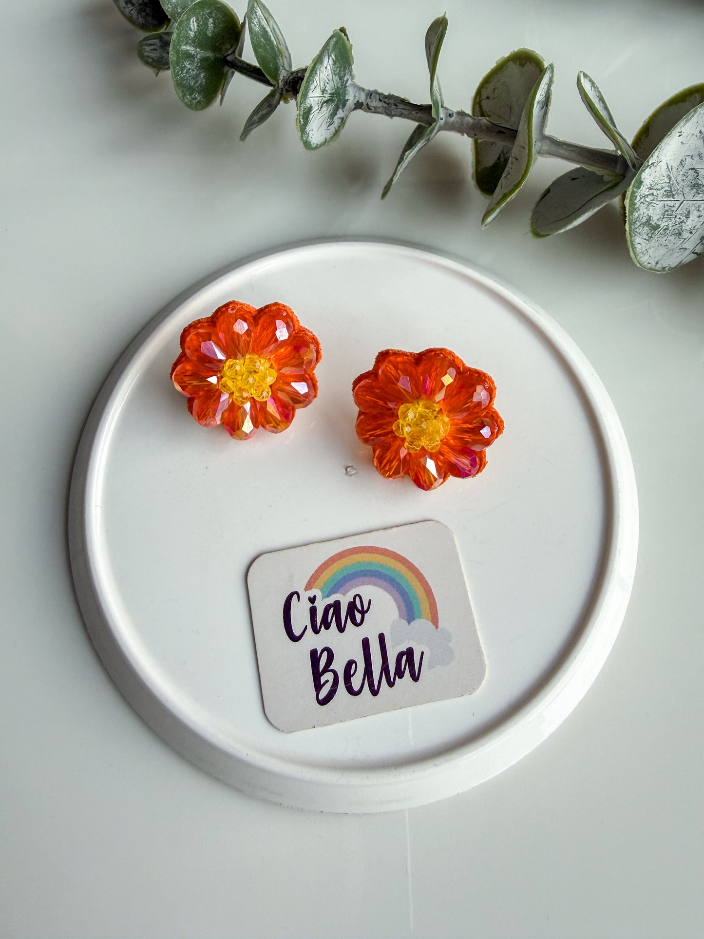 Sparkling Orange Daisy Handmade Beaded Necklace + Earrings Set