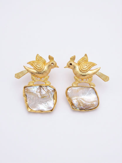 Cute Birdie Mother Of Pearl Handmade Brass Earrings