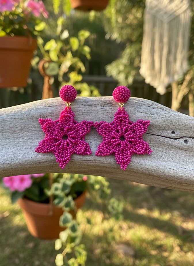 Fuchsia Delicate Snowflake Handmade Beaded Earrings