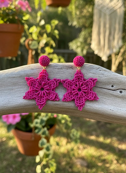 Fuchsia Delicate Snowflake Handmade Beaded Earrings