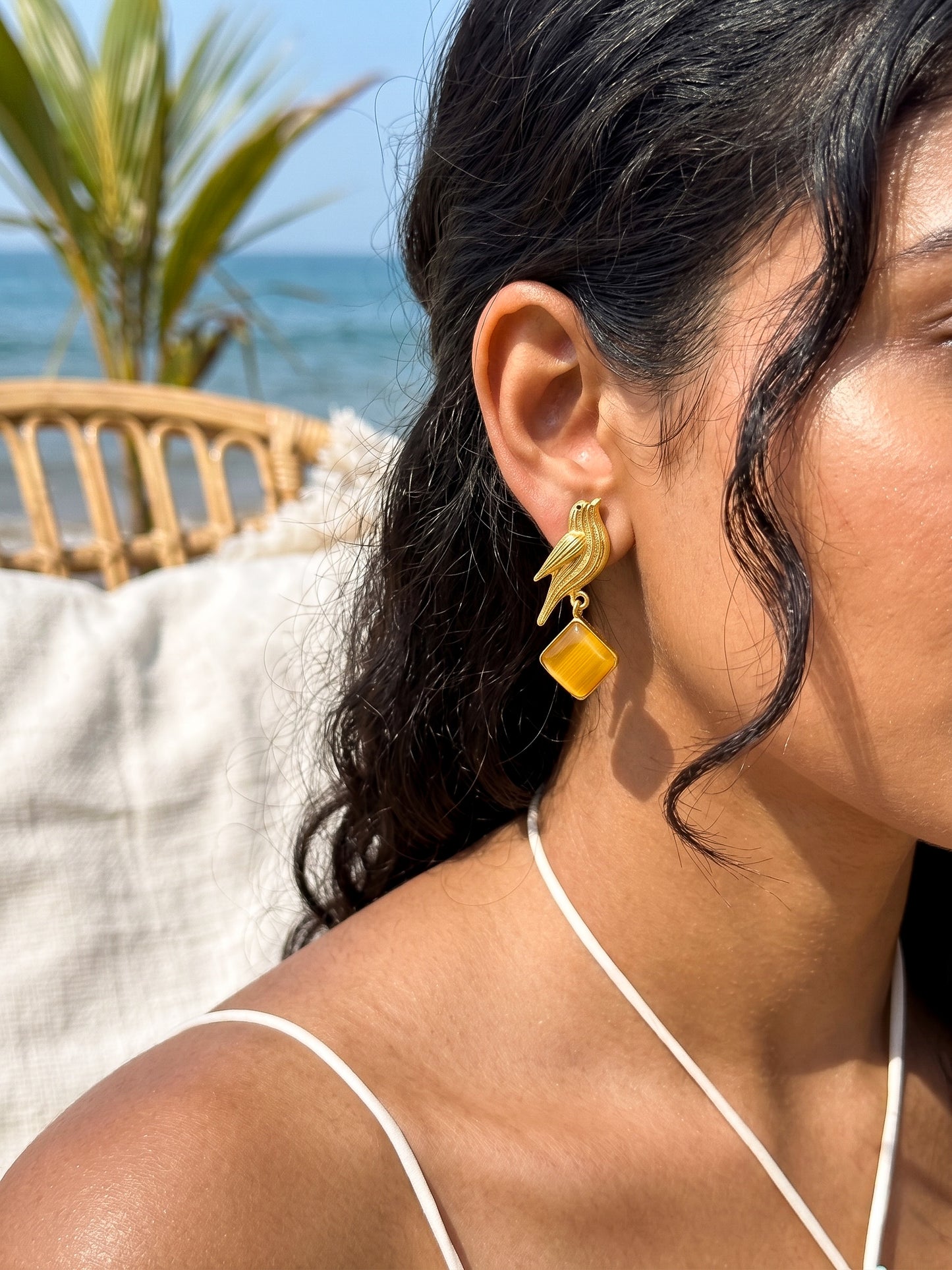 Hello Birdie Handmade Brass Earrings - Yellow Diamond