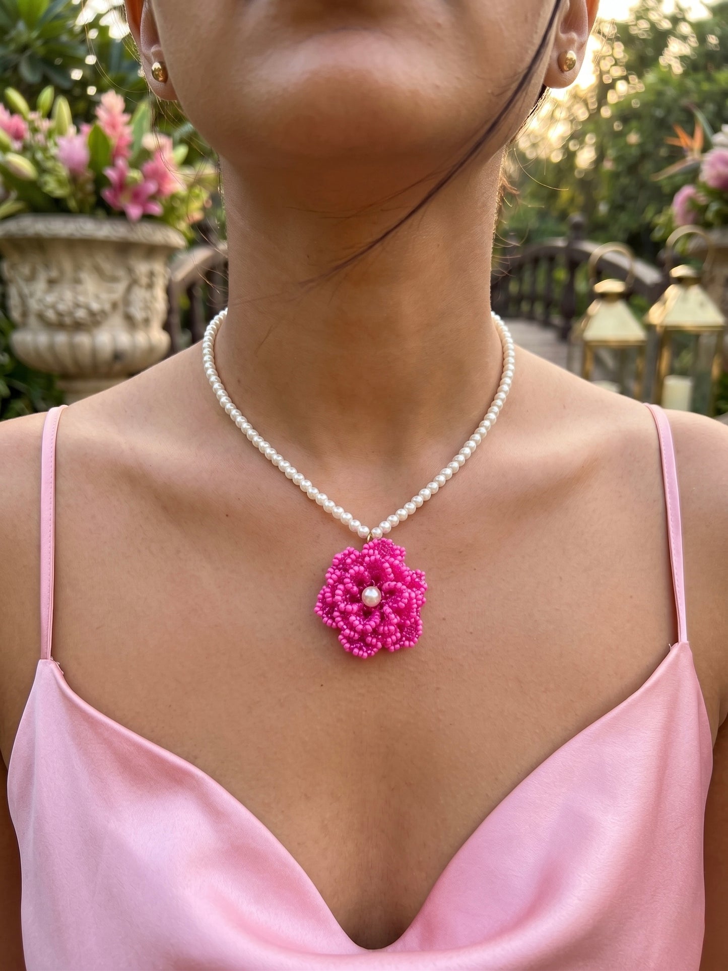 Crochet Pink 3D Rose Flower Handmade Beaded Necklace