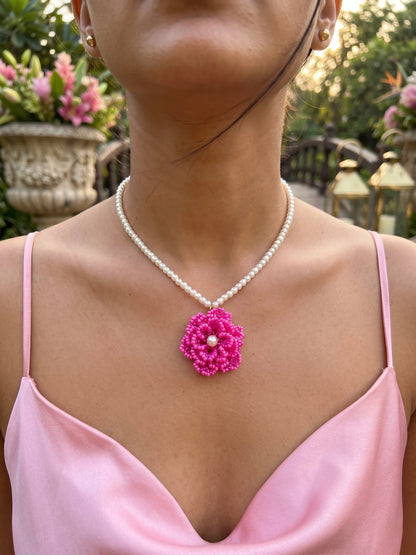Crochet Pink 3D Rose Flower Handmade Beaded Necklace