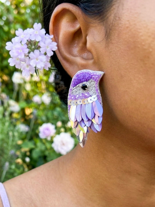 Chirpy Lilac Purple Parrot Handmade Beaded Bird Earrings