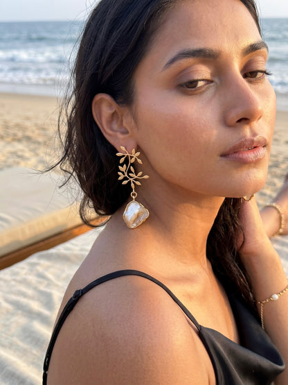 Golden Fern Mother of Pearl Handmade Brass Earrings