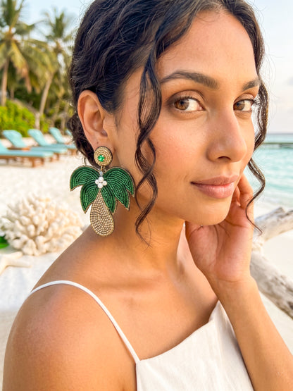Tropical Palm Tree Green Handmade Beaded Earrings