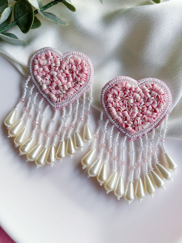 Blush Pink Heart Drop Handmade Beaded Tassel Earrings