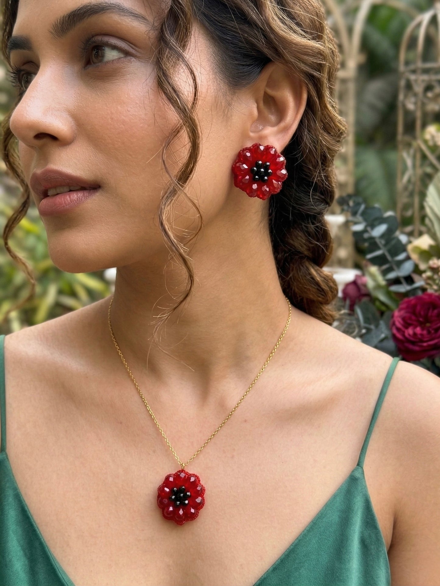 Sparkling Red Flower Handmade Beaded Necklace + Earrings Set