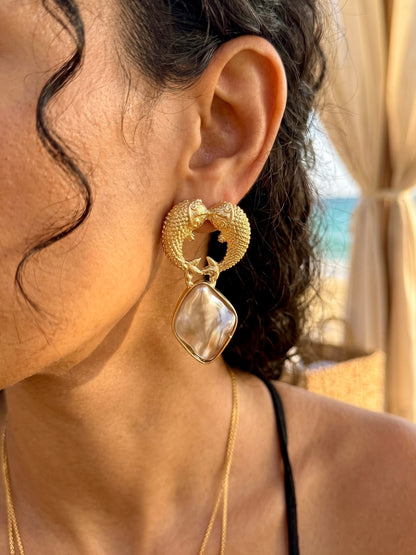 Golden Pisces Mother Of Pearl Handmade Brass Earrings