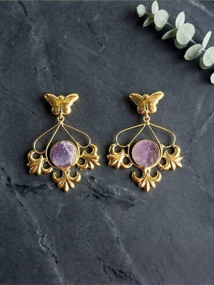 Elowen Butterfly Drops Lilac Handmade Brass Earrings
