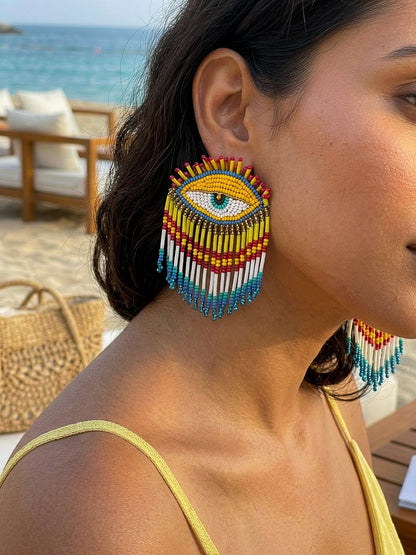 Golden Gaze Yellow Pink Evil Eye Handmade Beaded Tassel Earrings