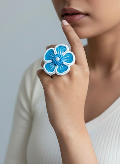 Cool Blue Blossom Handmade Beaded Ring