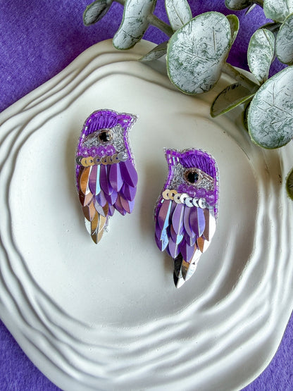 Chirpy Lilac Purple Parrot Handmade Beaded Bird Earrings