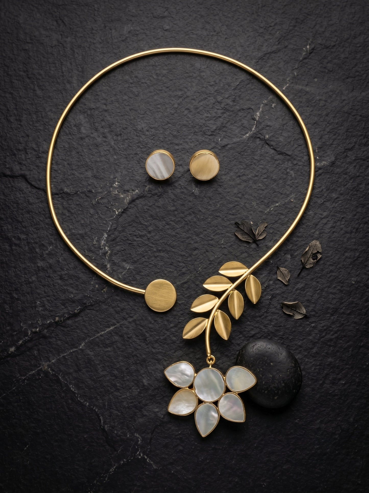 Camellia Bloom Mother of Pearl Handmade Brass Necklace + Stud Earrings Set