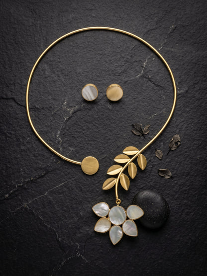 Camellia Bloom Mother of Pearl Handmade Brass Necklace + Stud Earrings Set
