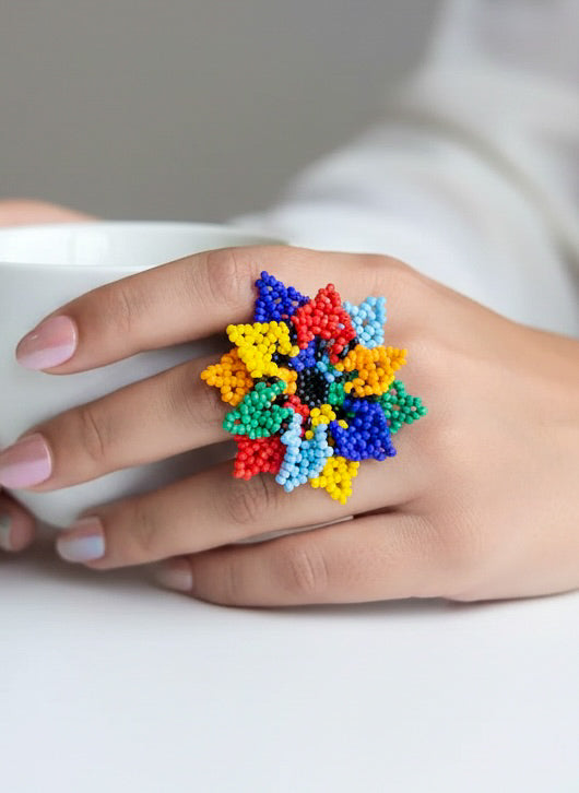 Blossoming Rainbow Flower Handmade Beaded Ring