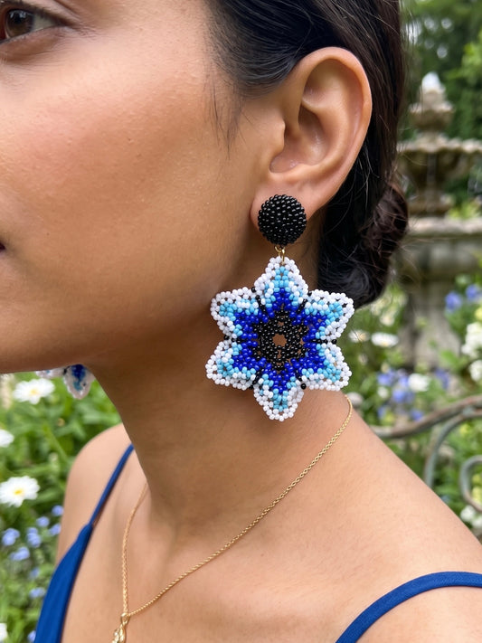 Blossoming Blue Flower Handmade Beaded Earrings