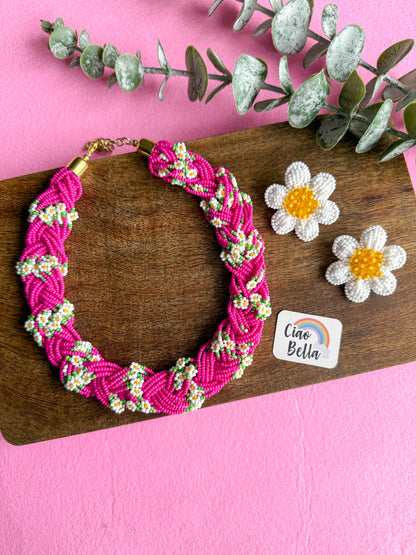 Luxe Flora Rose Pink Handmade Beaded Necklace + Earrings Set