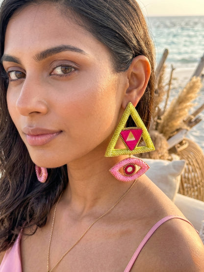 Electric Lime Green & Pink Evil Eye Handmade Beaded Earrings