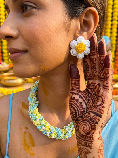Luxe Flora Light Blue Yellow Handmade Beaded Necklace + Earrings Set