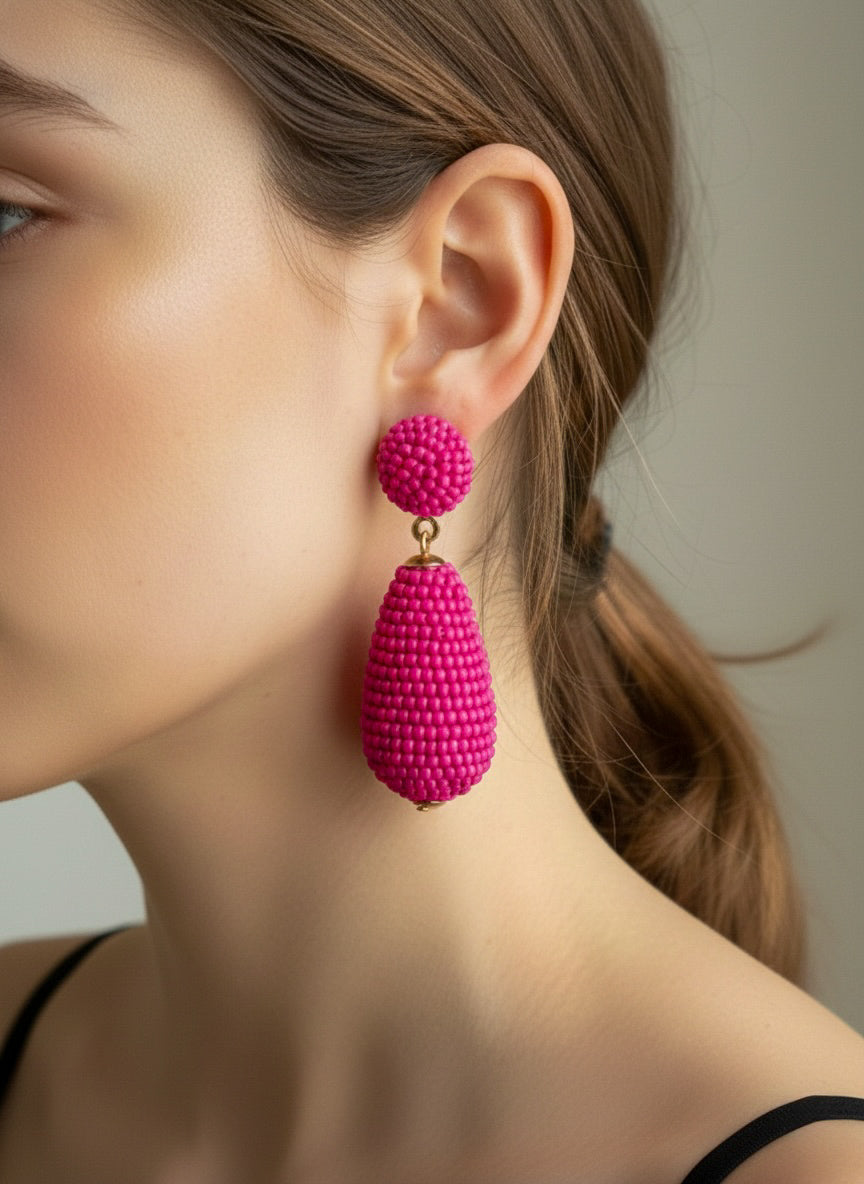Fuchsia Pink Drop Handmade Beaded Earrings