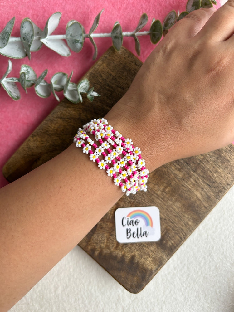 Spring Bloom Pink White Daisy Handmade Beaded Bracelet