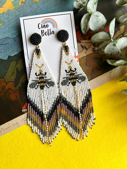 Amber Bee Handmade Beaded Tassel Earrings