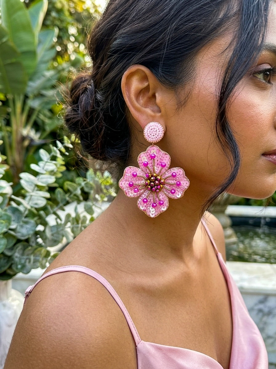 Blush Pink Glow Flower Handmade Beaded Earrings
