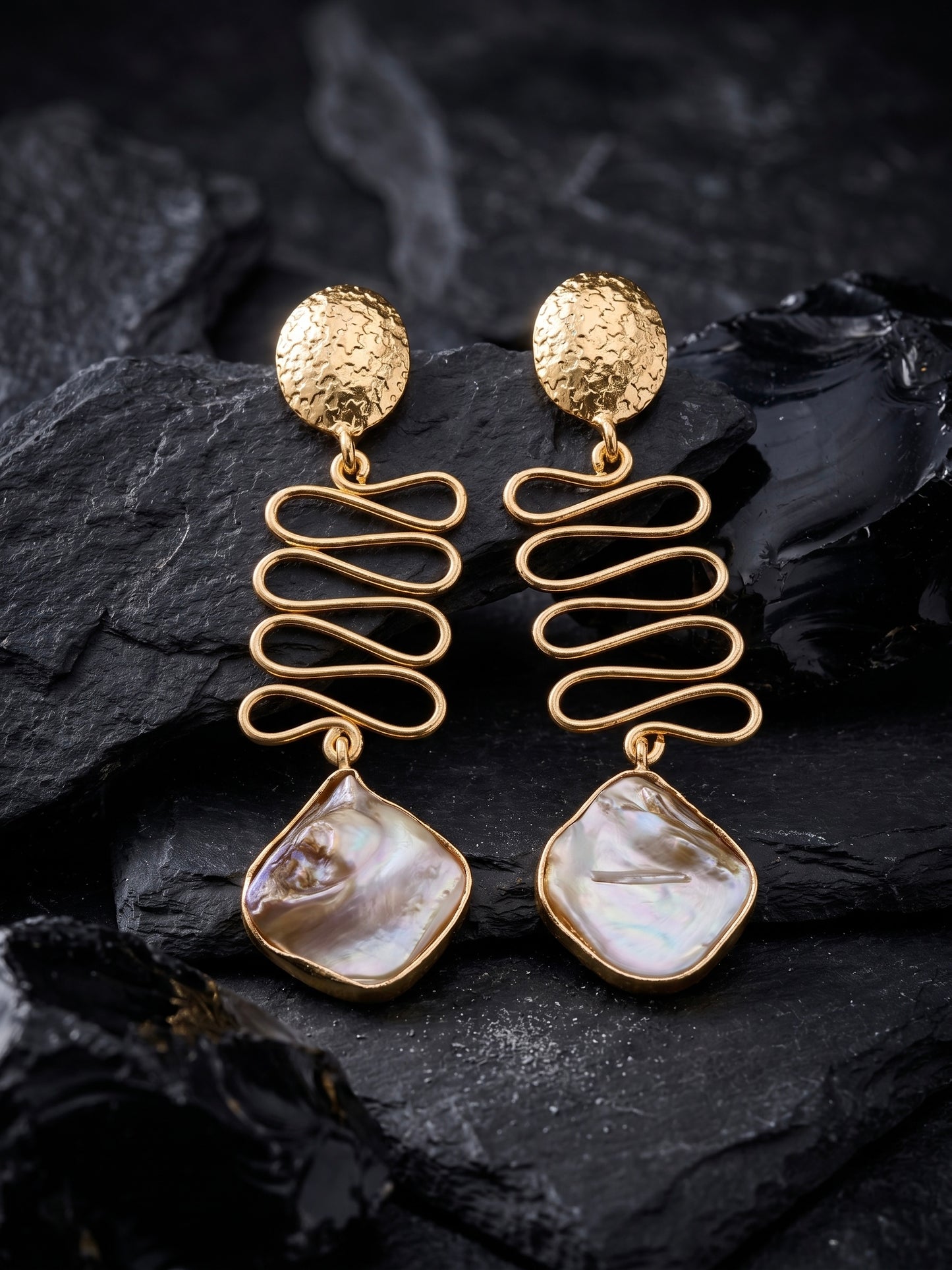 Wavy Mother of Pearl Drop Handmade Brass Earrings